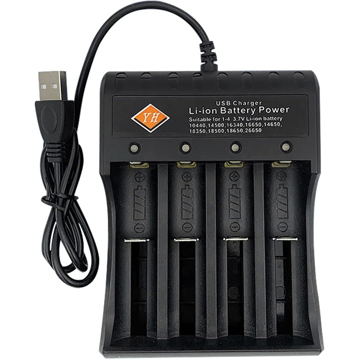 Incarcator baterii, Sunmostar, Cablu USB, Pentru 18650/16340/14500/18350, Plastic, Negru