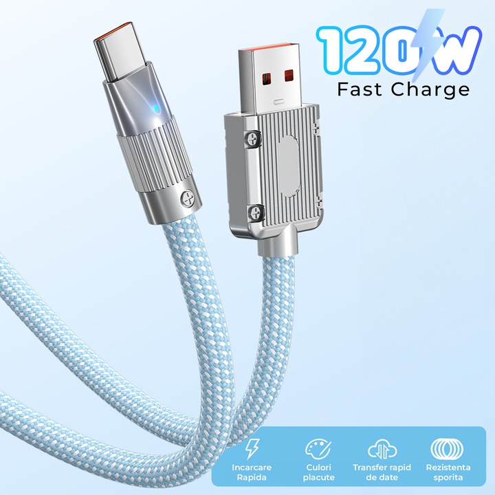 Кабел за данни и бързо зареждане 120 W Timebox, USB към Type-C, 1 м, LED, найлон, Съвместим с iPhone, Huawei, Macbook, Xiaomi, лаптоп, син
