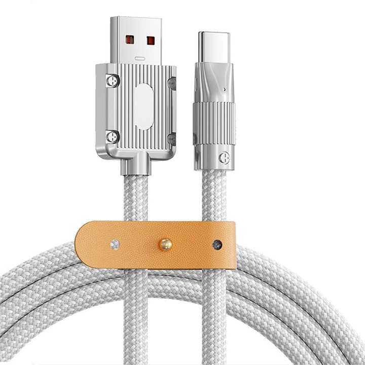 Cablu Date Si Incarcare Rapida 120W Timebox, USB La Type-C, Transfer Viteza Ridicata, Lungime 1 Metru, LED Integrat, Invelis Nylon Rezistent, Compatibil iPhone 15, MacBook, Samsung, Huawei, Laptopuri, Alb Premium, Durabil, Conectare Eficienta