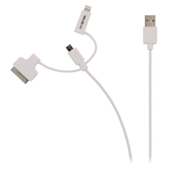 Kábel USB 2.0 A dugó - micro USB dugasz villám adapterrel és Apple Dock 30 érintkezős, 1 m, fehér, Valueline