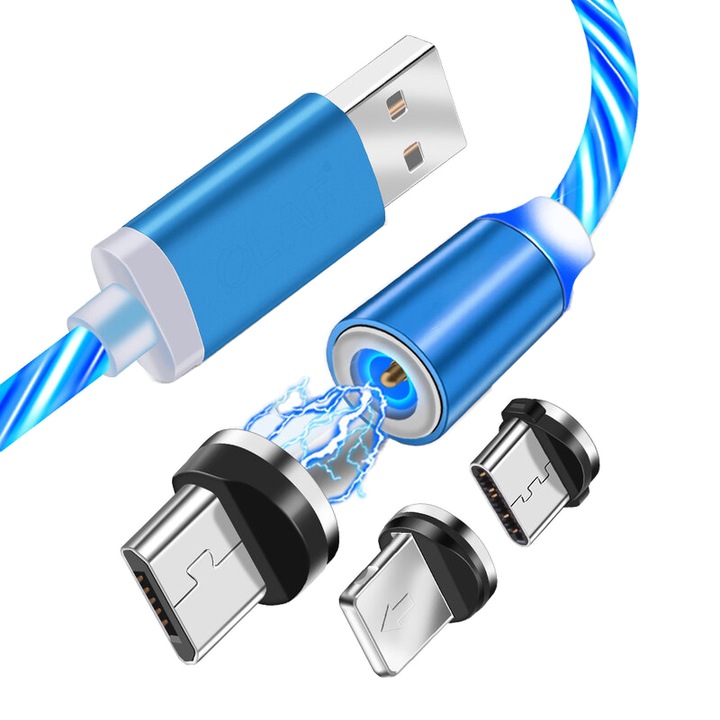 Cablu Incarcare si Transfer Date Magnetic USB la Type-C, Aluminiu, Micro-USB, Compatibil Lightning Lungime 1m, C515, Blue