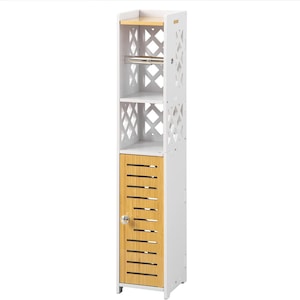 Dulap pentru baie, AOJEZOR, PVC/Bambus, 15x17x76.2cm, Alb/Maro