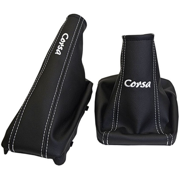 Set husa frana de mana si burduf manual, Ophelia, Piele ecologica, pentru Opel Corsa C 2000-2006 , Negru/Alb