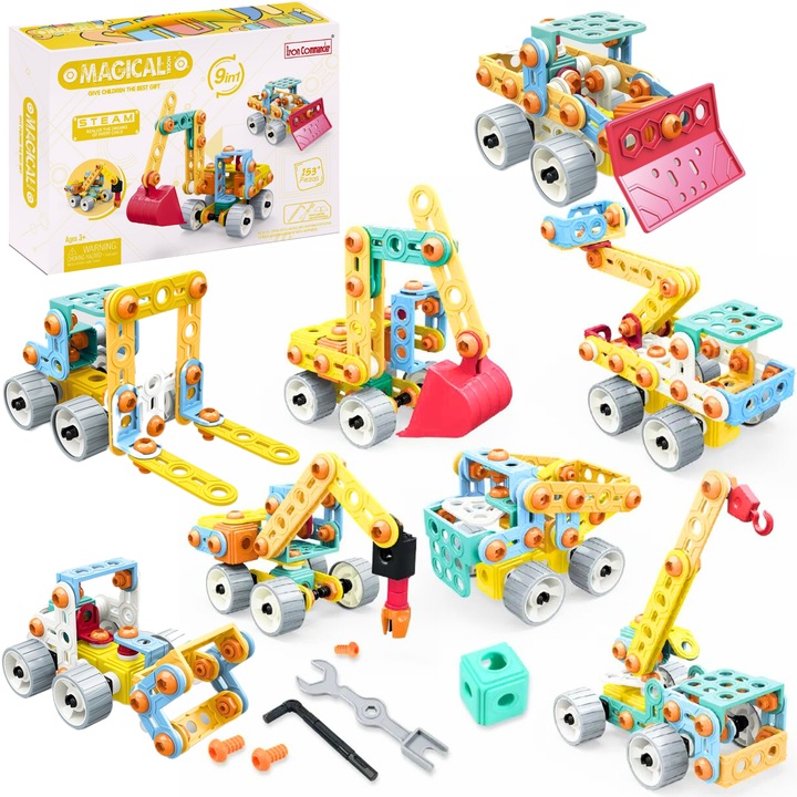 Set Utilaj asamblare 9in1, Excavator, Buldozer, Macara, Stivuitor, Camion si altele, 153 piese, joc educational creativ STEM pentru copii de peste 3 ani
