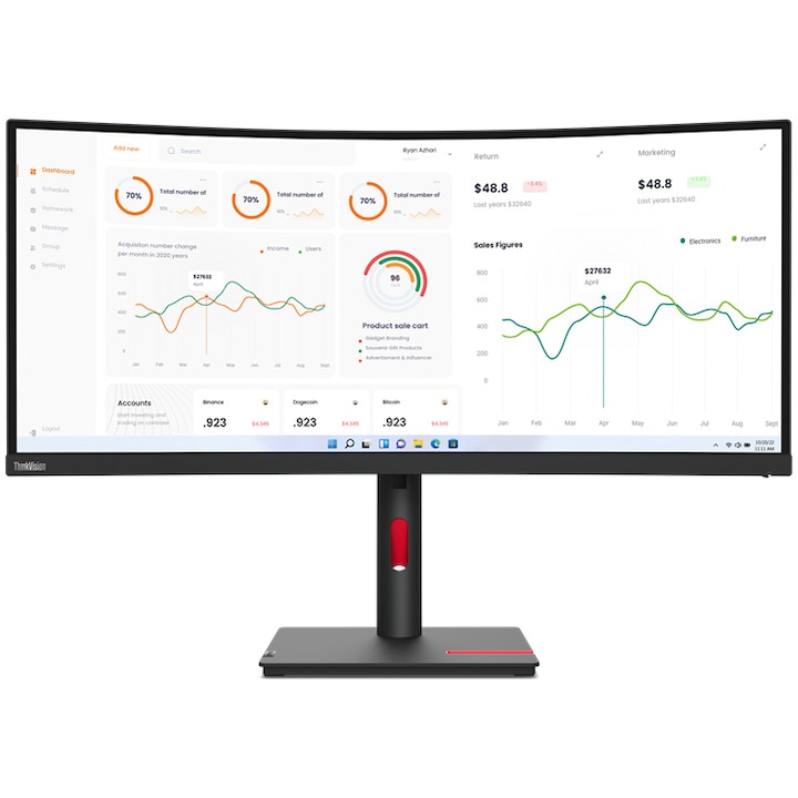 Монитор Lenovo ThinkVision Curbat WLED T34w-30, 34", 60 Hz, 4 ms, Черен