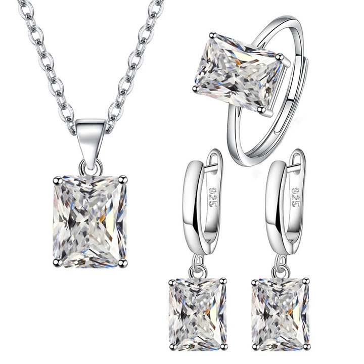 Set de bijuterii cu pietre pretioase artificiale romantice, cercei colier pandantiv, inel, argint S925, alb, set 3 buc