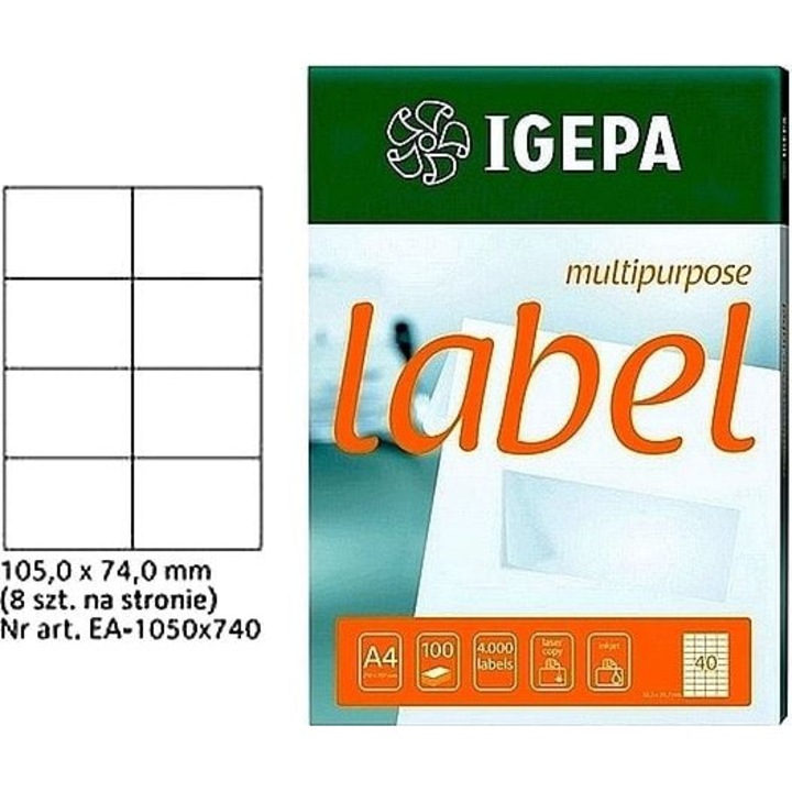 Téglalap alakú címkék, Mondi, Lézernyomtatóhoz, A4, 105x74.0, Fehér