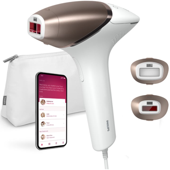 Фотоепилатор IPL Philips Lumea Series 8000 BRI945/00, Сензор Smartskin, Технология SenseIQ, Връзка с приложението, Използване с кабел, 450 000 импулса, Аксесоар за тяло и лице, Бял/Розово злато