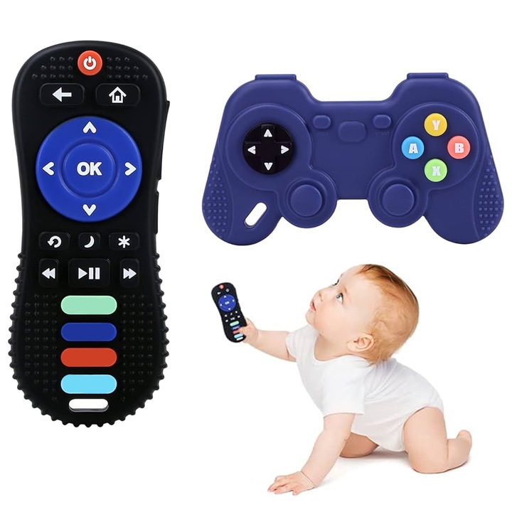Hazelnut, Szilikon rágóka készlet, TV távirányító és játékvezérlő, Ajándék babának, HA001, 2 db, Fekete és kék