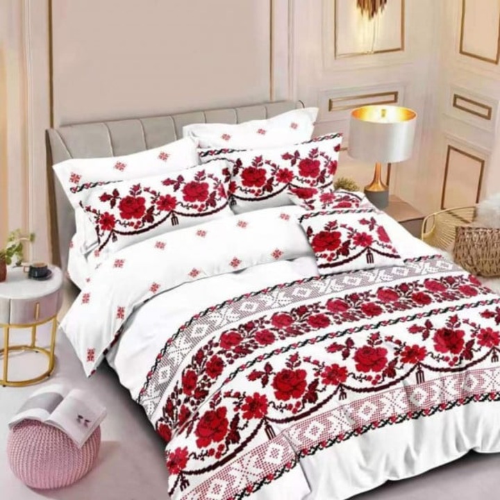 Спално бельо с ластик, фин памук, спалня, бяло/червено, 6 бр