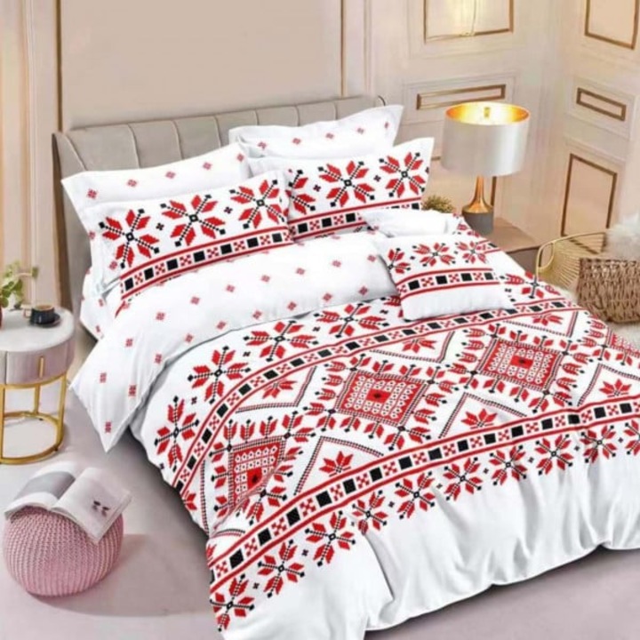 Спално бельо с ластик, фин памук, червен/сатен, бял, 6 бр