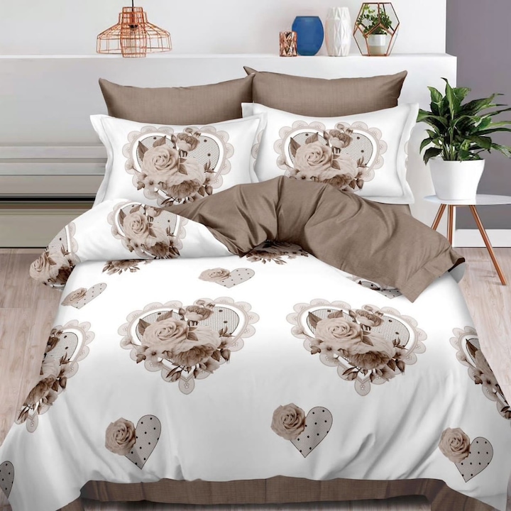 Спално бельо с ластик, фин памук, двойно легло, Бяло/Кафяво, 6 бр