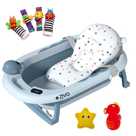 Set Cadita Bebelusi Pliabila Zivo®, Sezut Antialunecare, Suport Dus Baby Shower, Picioare Antiderapante, Dop scurgere, Agatatoare, Marime 81x49x21cm, 4 Jucarii Senzoriale, 2 Jucarii Baie, Cana Clatire, Perna detasabila si Termometru incluse, albastru