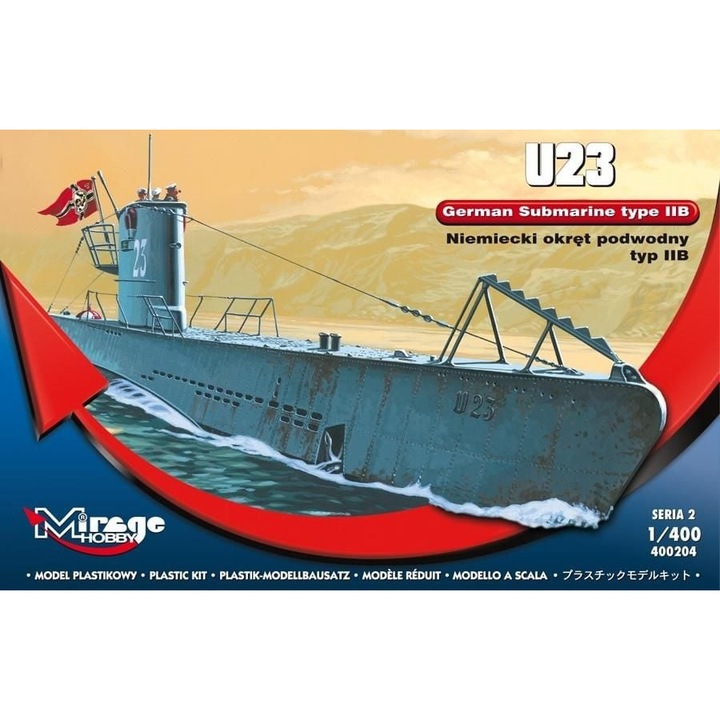 Navomodel de construit, Mirage, U-23, Submarin German Tip IIB, 1:400, Negru