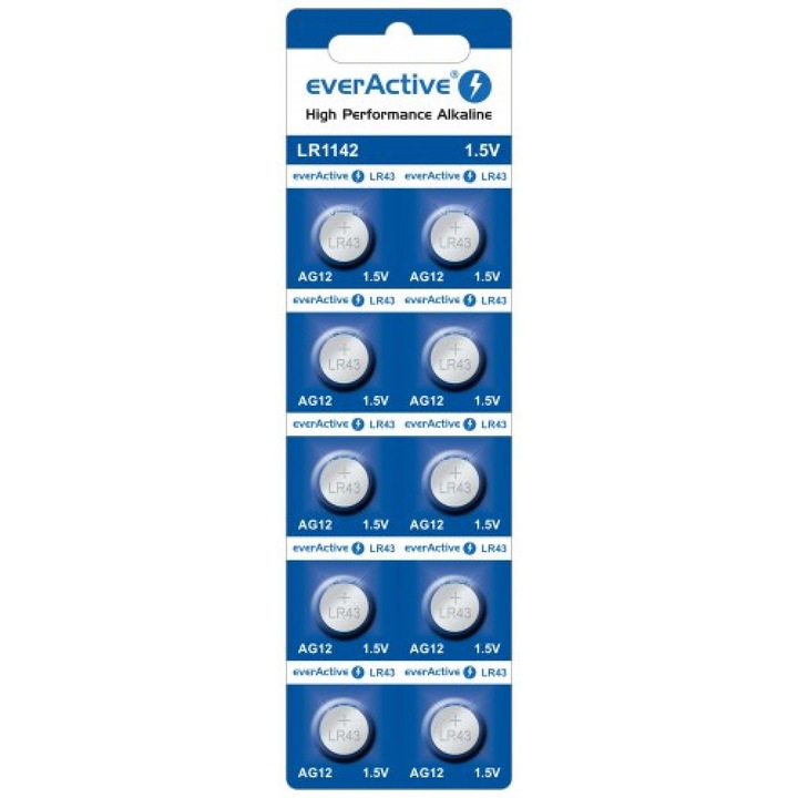 Baterie alcalina mini everActive AG12 G12 LR1142 LR43, set 10 bucati