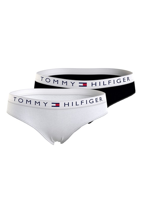 Tommy Hilfiger, Set de chiloti cu banda elastica cu logo - 2 piese, Alb/Negru
