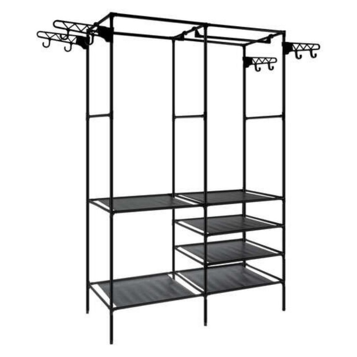Suport haine, Ruhhy, Reglabil, Cadru metalic, 6 rafturi, 8 carlige, 173 cm, Negru