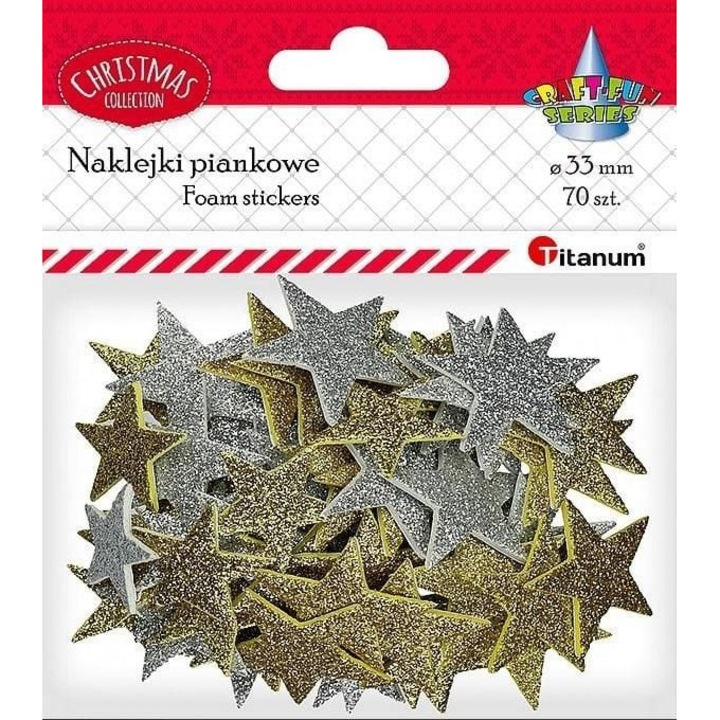 Set 70 autocolante, Titanum, Model stelute, Spuma, 33 mm, Auriu/Argintiu