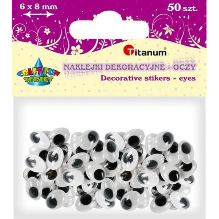 Titán kézműves készlet, öntapadós mozgatható szemek, 6x8 mm, fehér/fekete, 50 db