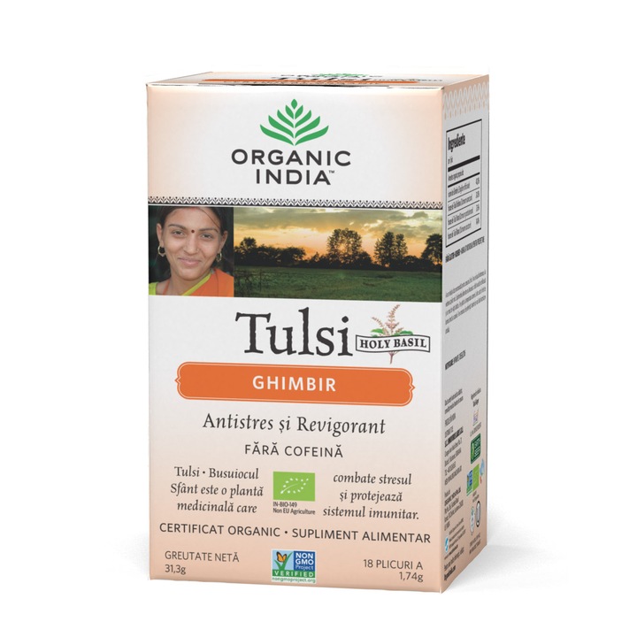 ORGANIC INDIA Tulsi (szent bazsalikom) gyömbér tea, természetes stresszoldó és élénkítő - 100%-ban minősített bio, koffeinmentes, 18 tasak, BIO