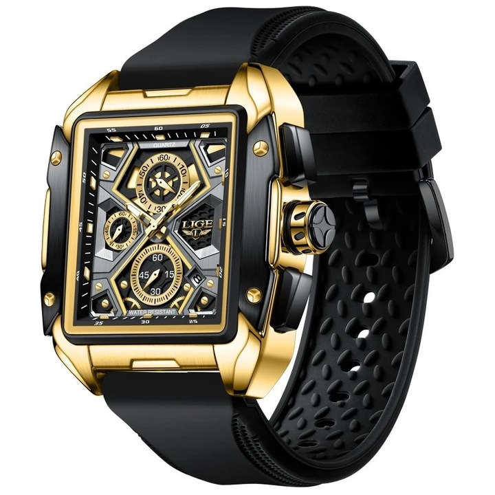 Мъжки ръчен часовник Lige Elegant Casual Fashion Quartz Analog Chronograph Black/Gold