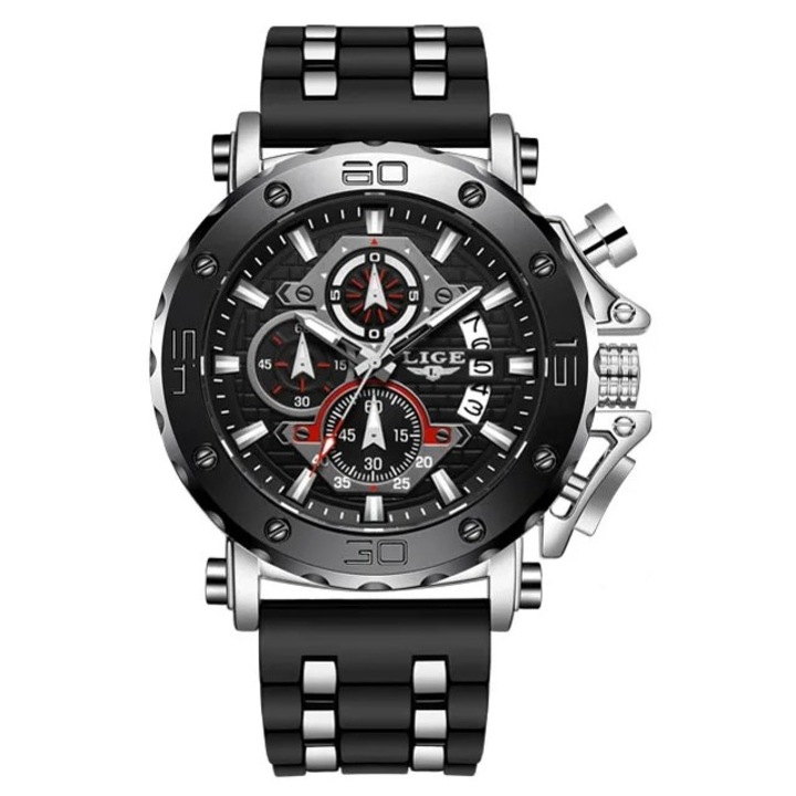 Мъжки часовник Lige Elegant Casual Fashion Quartz Analog Black/Silver Chronograph