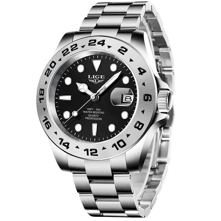 Мъжки часовник Lige Quartz Analog Business Elegant Casual Silver/Black