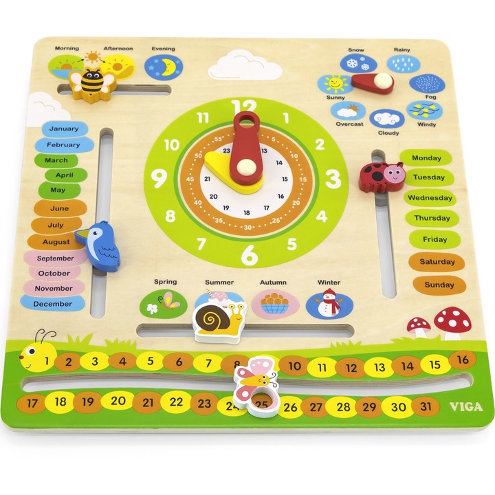 Jucarie educativa, Viga, Ceas si calendar, Lemn, Multicolor