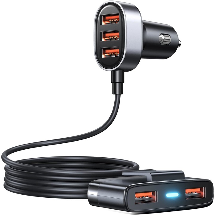 Incarcator auto, Sunmostar, 5 porturi USB, 12 V, Metal, Negru