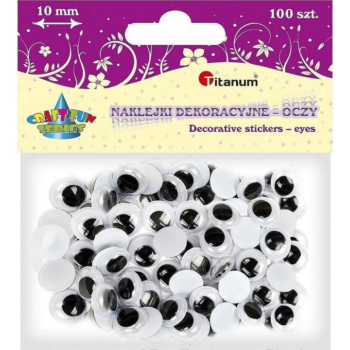 Set 100 ochi adezivi, Titanum, 10 mm, Alb/Negru