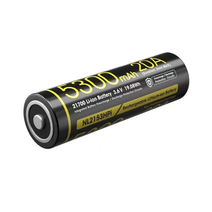 Acumulator Nitecore 21700 NL2153HPi de 5300 mAh, cu polaritate dubla, 20 A, 19.08 Wh, 3.6V