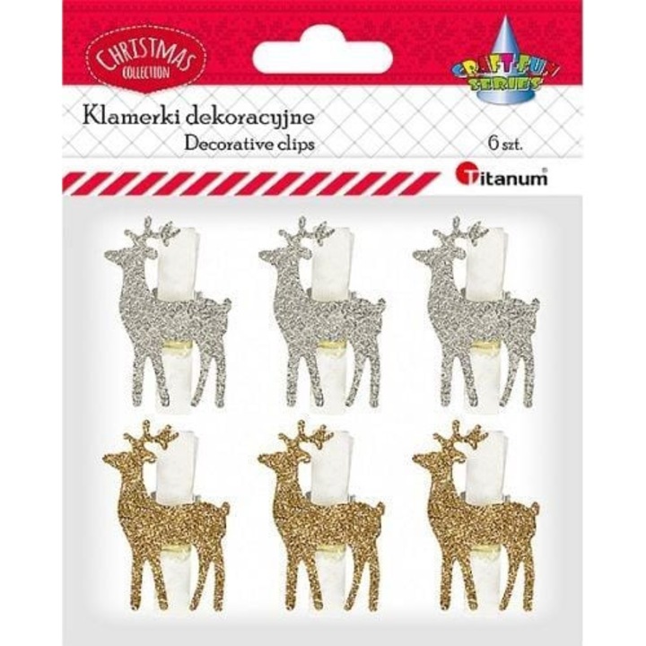 Комплект от 6 щипки, титан, дърво, модел на северен елен, злато/сребро