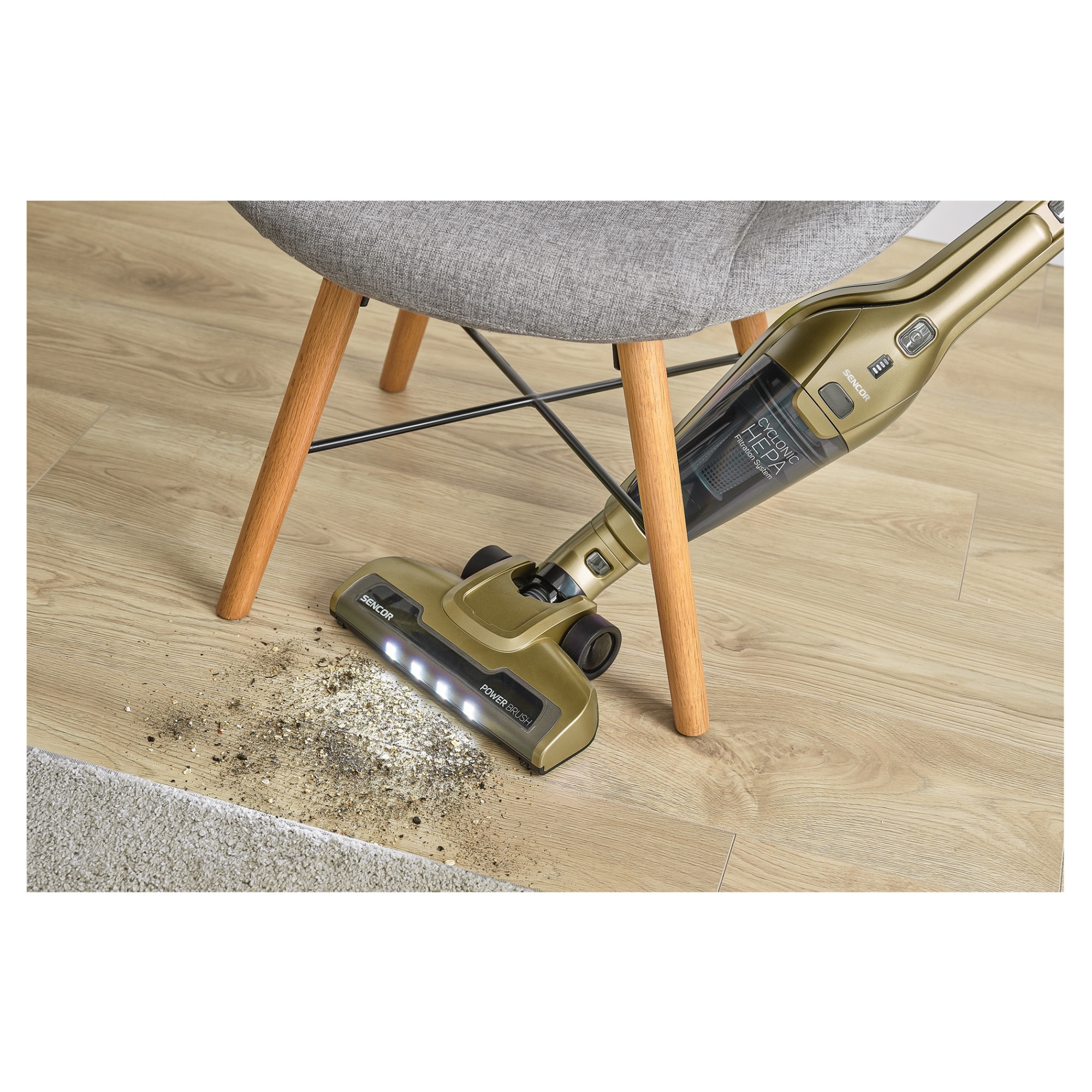 Aspirator vertical fara fir Sencor SVC 0607CH 3 in 1, 21.6V, autonomie 45 min, capacitate de colectare 0.5l, nivel de zgomot 78 dB, filtru HEPA, auriu