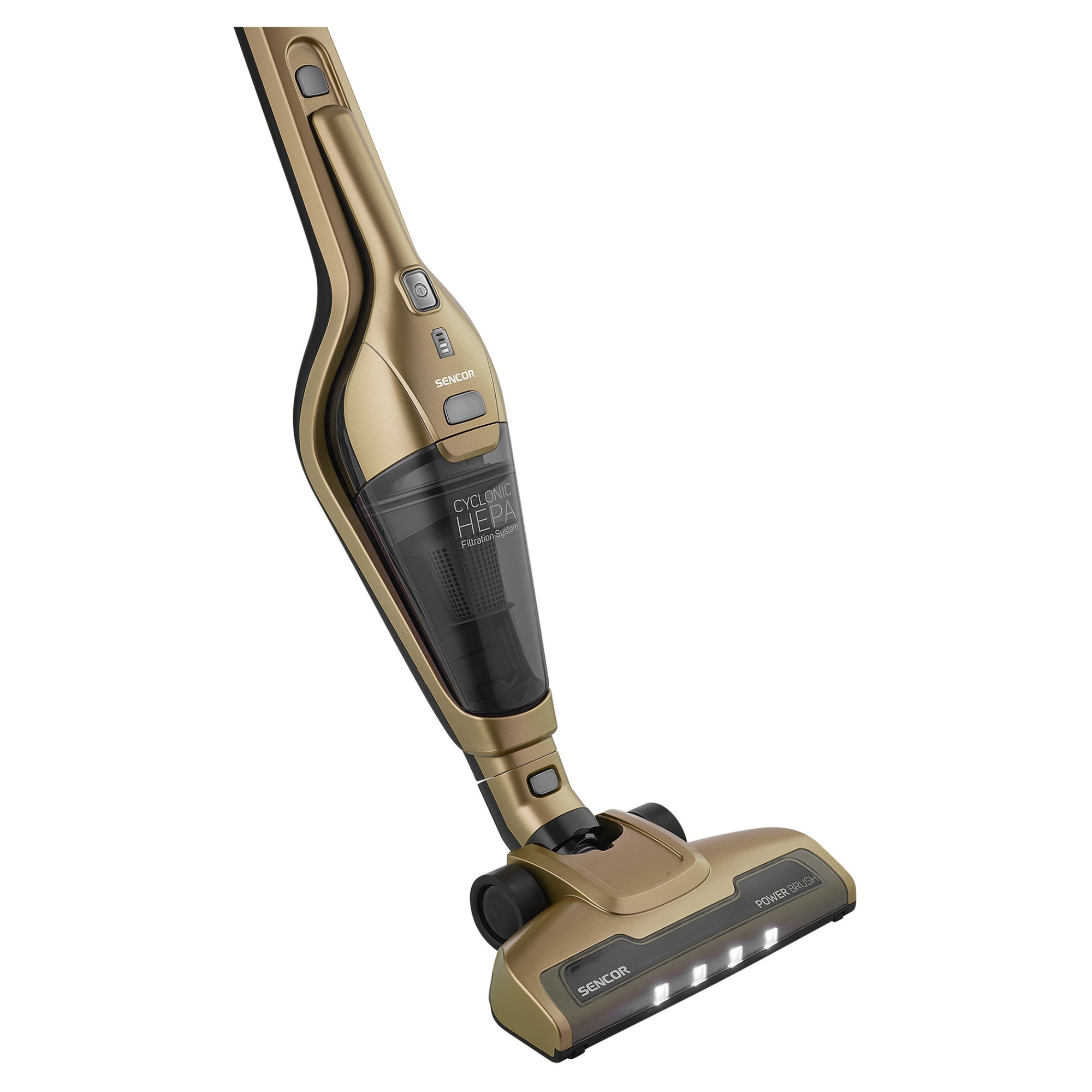 Aspirator vertical fara fir Sencor SVC 0607CH 3 in 1, 21.6V, autonomie 45 min, capacitate de colectare 0.5l, nivel de zgomot 78 dB, filtru HEPA, auriu