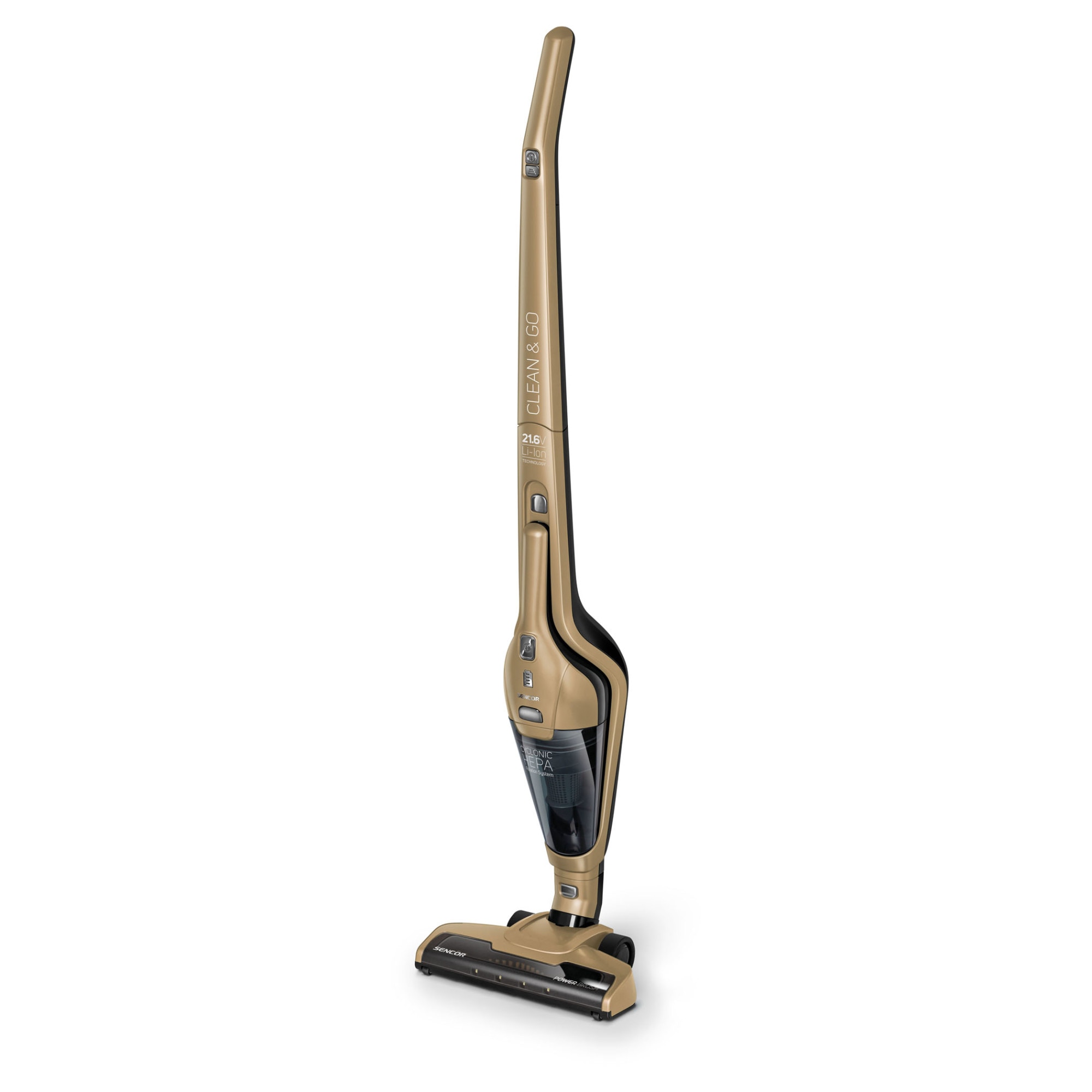 Aspirator vertical fara fir Sencor SVC 0607CH 3 in 1, 21.6V, autonomie 45 min, capacitate de colectare 0.5l, nivel de zgomot 78 dB, filtru HEPA, auriu