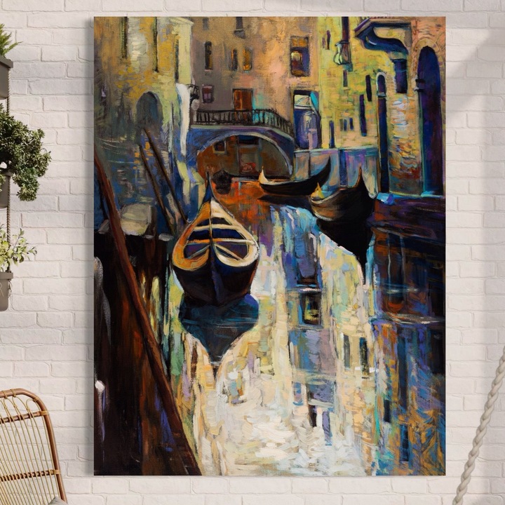 Премиум картина върху платно, LuxCanva® A1068, Гондола, 100 X 135 СМ, 100% памучно платно 400 г/м2, дървена рамка, мост, лодки, къщи, ярки цветове