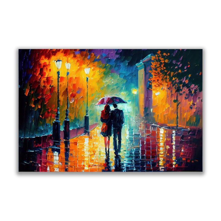 Картина на платно, LuxCanva A1073, Дъжд вечер, 95 X 140 CM, 100% памучно платно 400g/m2, Дървена рамка, Влюбени, Разходка, Фенери, Живи цветове