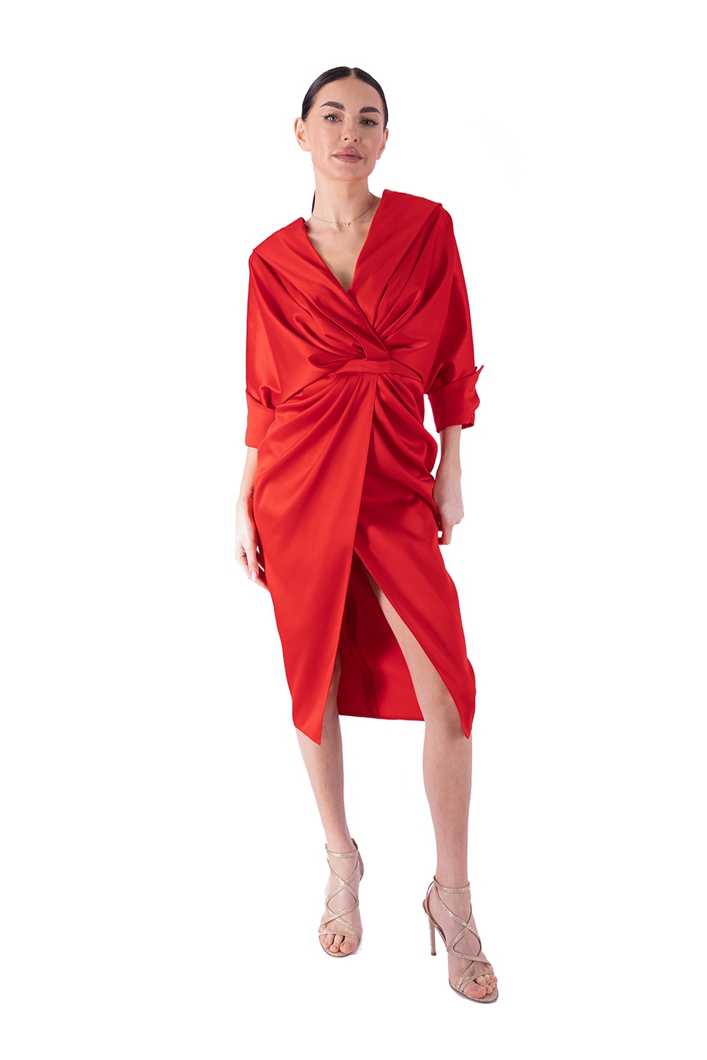 Acob à porter, Rochie midi cu model drapat, Rosu vermillion, XL
