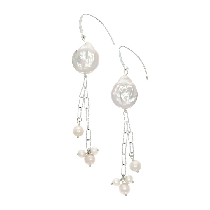 Cercei Argint cu Perla Baroc si Lantisoare