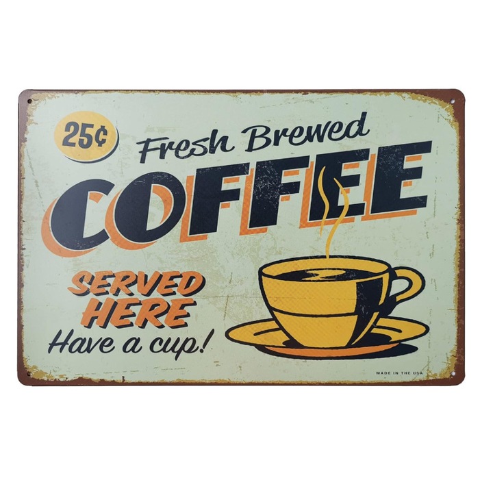 Vintage Dekor Fémtábla, dombornyomott 'COFFEE' felirat, retro hangulatú kialakítás, 30x20cm, kékes-zöld háttér