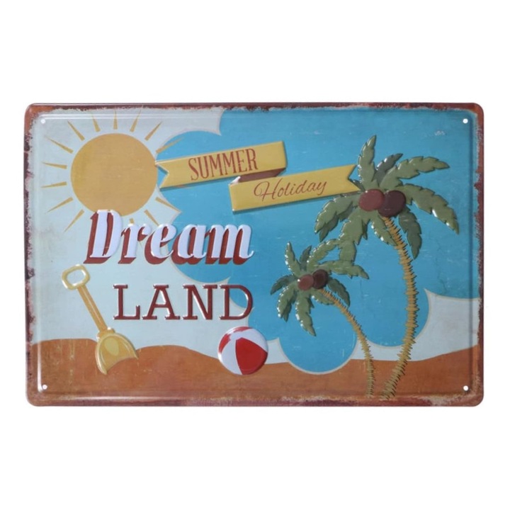 Vintage Dekor Fémtábla, dombornyomott 'DREAM LAND' felirat, retro hangulatú kialakítás, 30x20cm