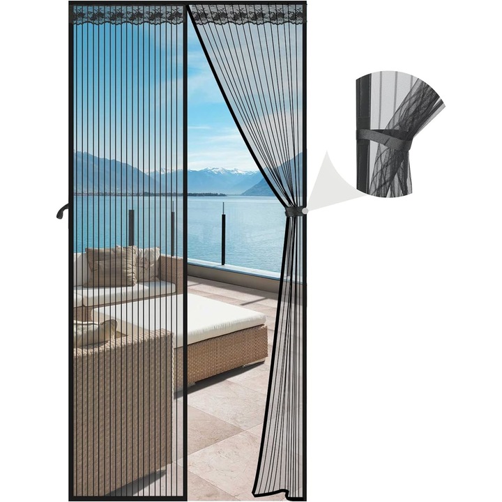 Plasa de tantari magnetica pentru usa, Jormftte, Poliester, 90 x 210 cm, Negru