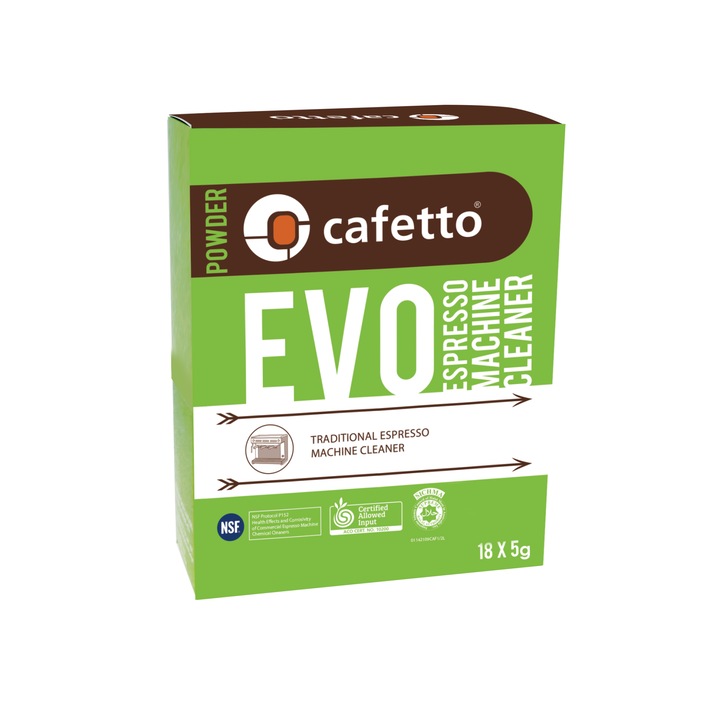 Detergent pudra Organic CAFETTO EVO, pentru igienizarea espressoarelor profesionale, Cutie 18 Plicuri/5g