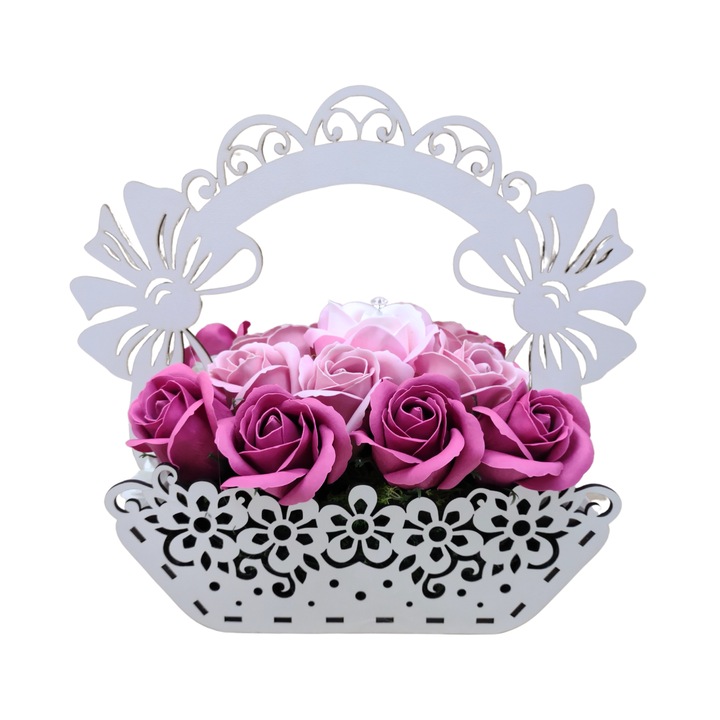 Cos din lemn ornamental alb multiform conturat model funda - Decorat cu flori de sapun parfumati roz pal, roz deschis si alb fara mesaj