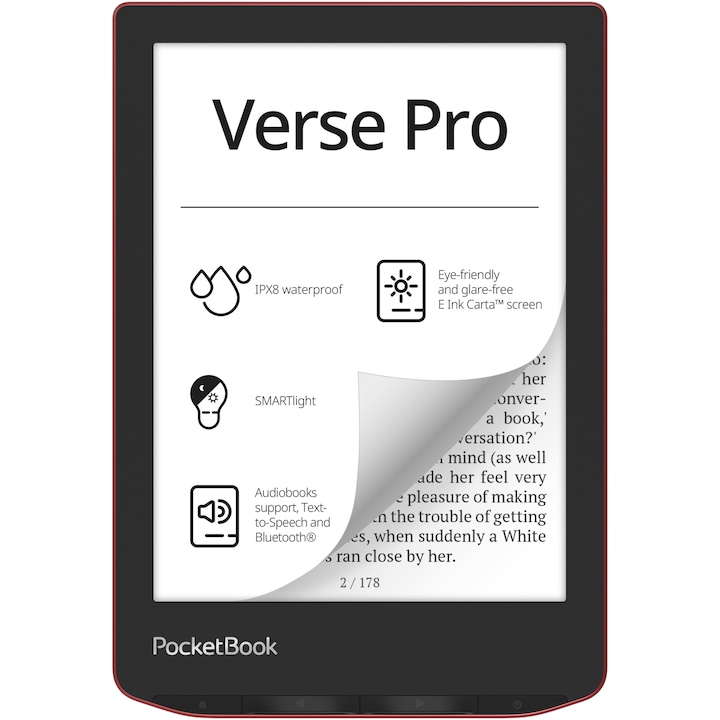 eBook четец PocketBook Verse Pro PB634, Сензорен екран 6.0" E Ink Carta™ 1200, 300dpi, 16GB, SMARTlight, G-sensor, WiFi&Bluetooth, Passion Red
