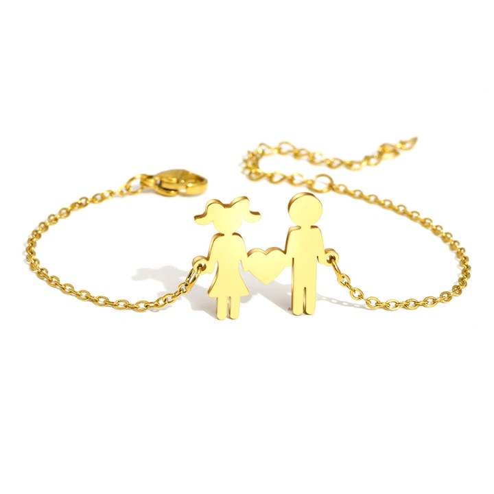 Bratara dama, model couple love, pandantiv fata si baiat cu inimioara, reglabila, aurie, EFAYN