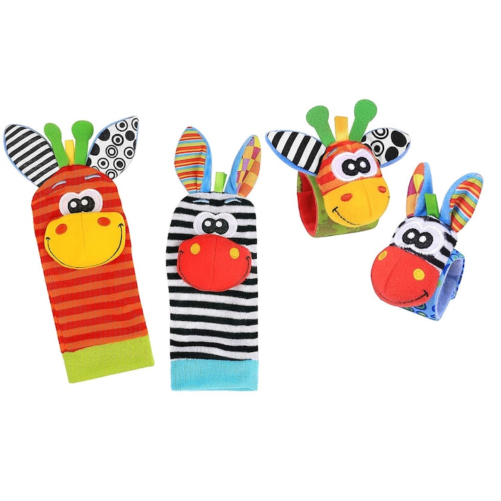 Комплект гривни и чорапи, Ronyes®, дрънкалки за бебета, текстил, 0-24 месеца, Червен