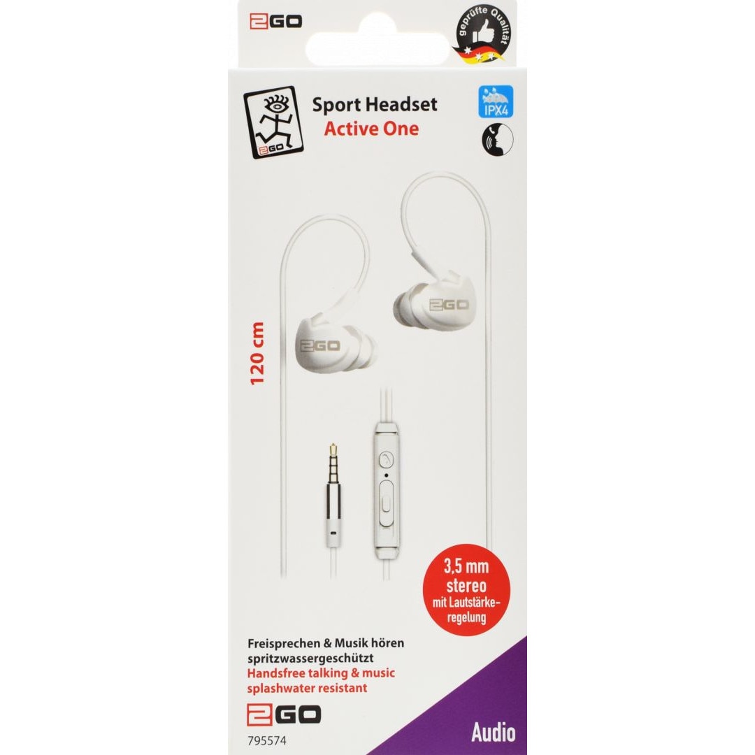 Casti sport intraauriculare, 2GO, 1.2 m, Alb