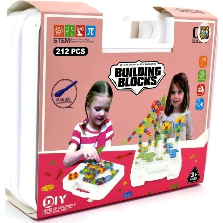Pro Kids Építőkészlet, gyerekeknek, csavaros, 212 db, STEM, 3+ év, többszínű