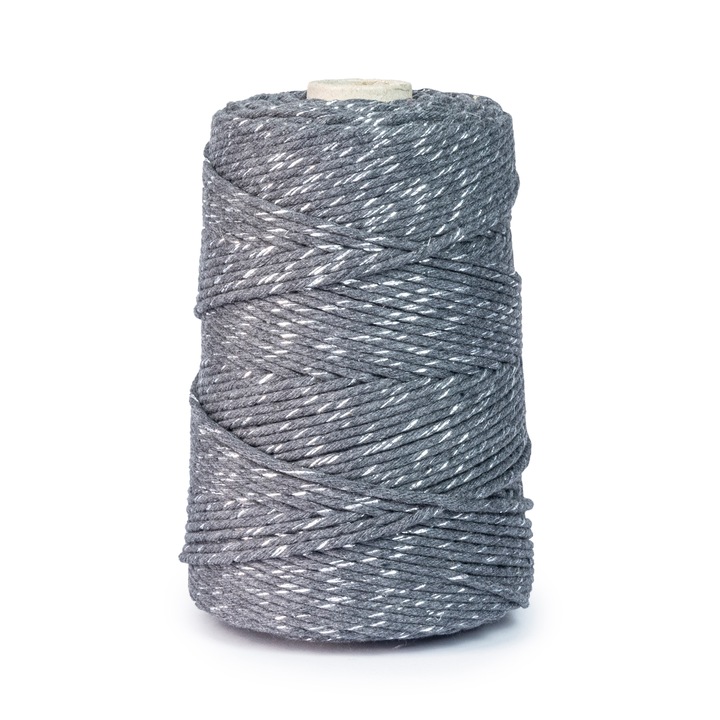 Шнур Текстилен конец за макраме Канап, DQPP, Памук, 3 мм, 200 м, Тъмносив/Сребрист